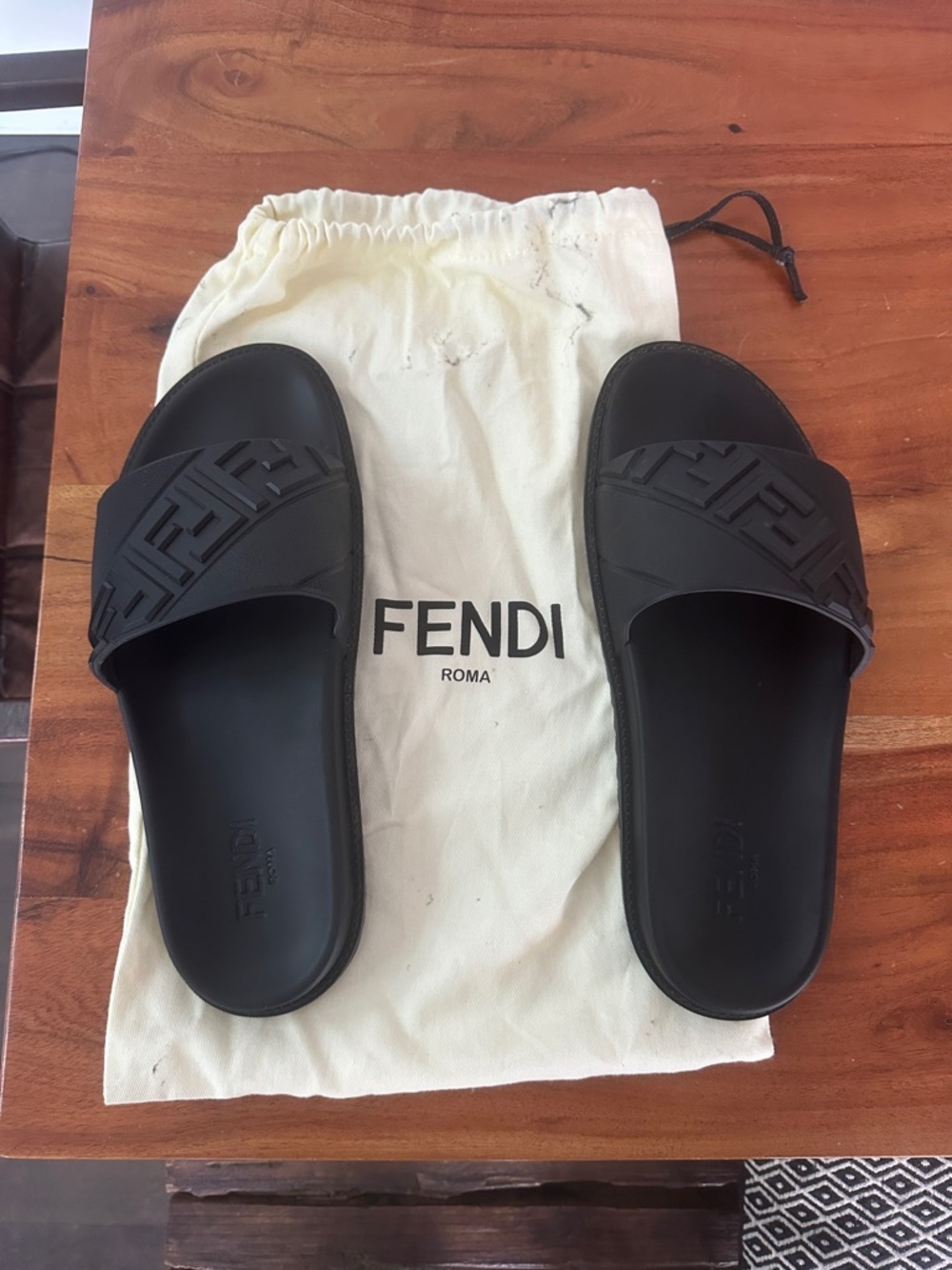 Fendi Black Embossed FF Logo Slide Sandals